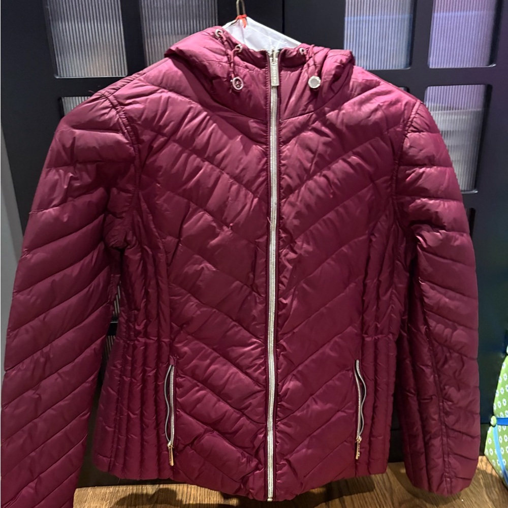 Michael Kors Quilted Hooded Puffer Jacket in Berry
